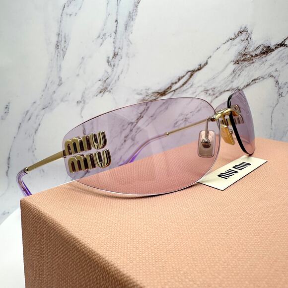 New MIU MIU Sunglasses Pale Gold Pink Lens Wrap Rimless AUTHENTIC Runway 2025 - Picture 10 of 16